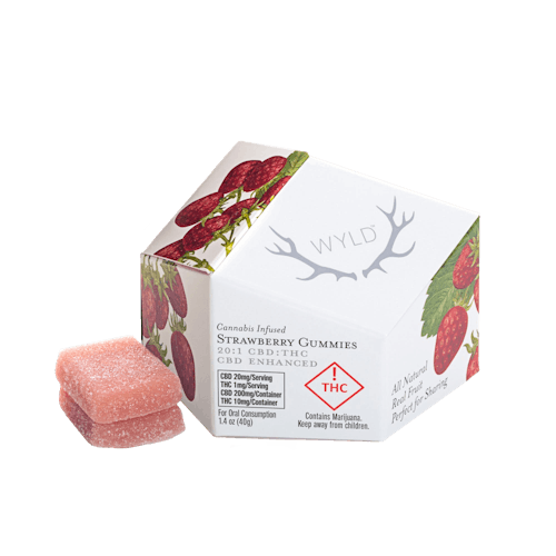 WYLD 1:20 Strawberry Gummies 10mg THC/200mg CBD | Native Roots Cannabis Wyld Strawberry Gummies – 1:20 THC:CBD | 10mg THC + 200mg CBD