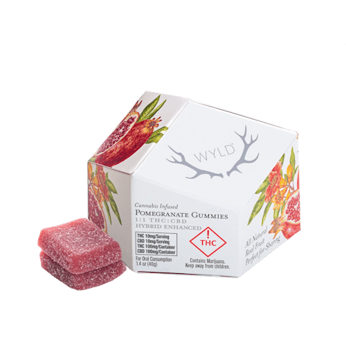 WYLD Hybrid 1:1 Pomegranate Gummies 100mg THC/100mg CBD | Native Roots Cannabis Wyld Pomegranate Gummies – 1:1 THC:CBD | 100mg THC + 100mg CBD